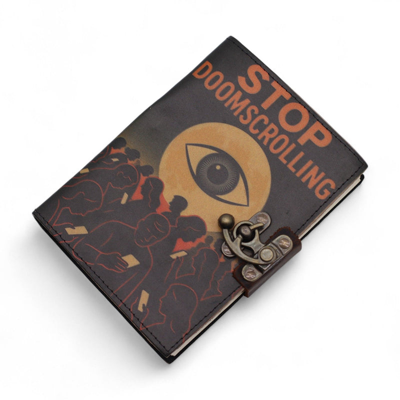 Leather Printed Notebook – Stop Doom Scrolling - 17.8x12.7 cm, in display