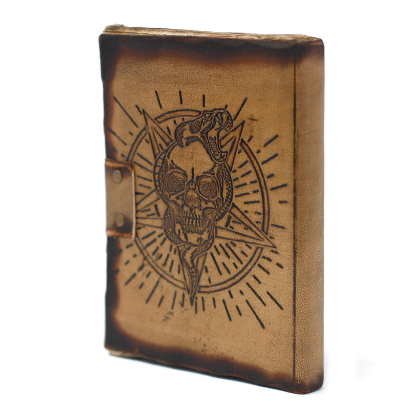 Leather Pentagon & Skull with Burns Detail Notebook (7x5"), packaging shot