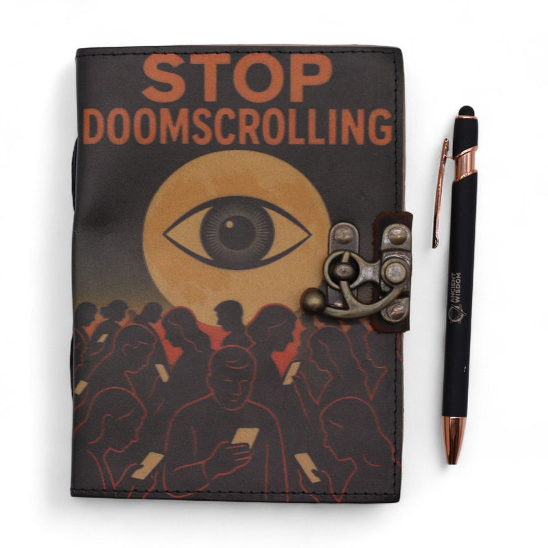 Leather Printed Notebook – Stop Doom Scrolling - 17.8x12.7 cm, close-up detail