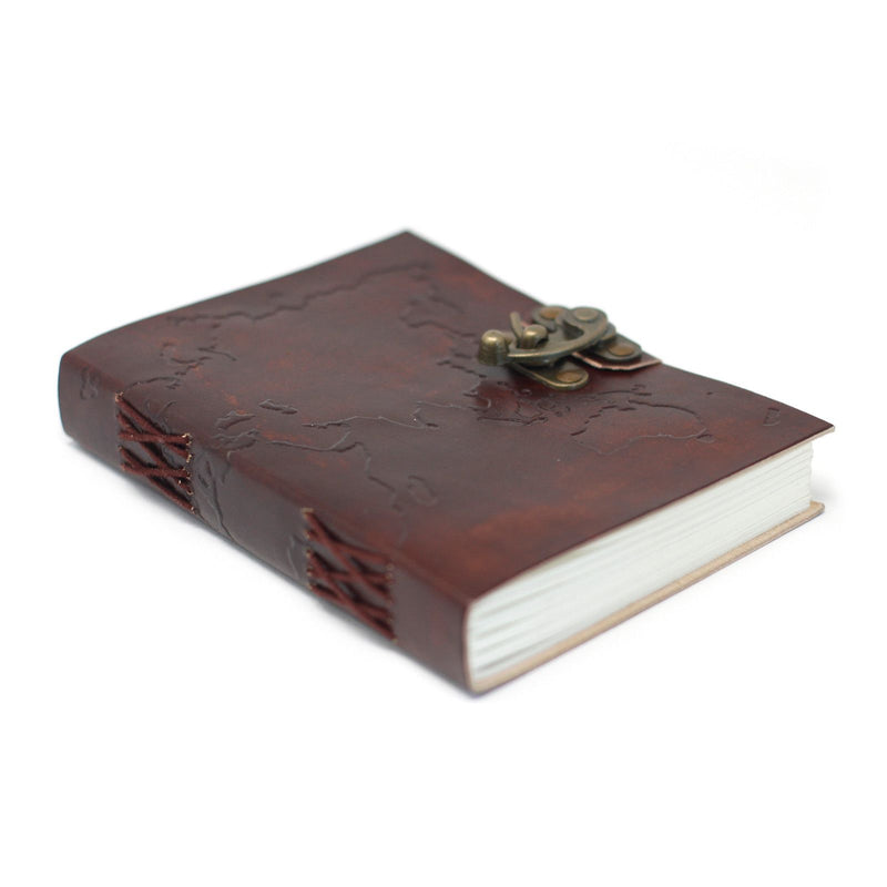 Leather World Map & Stitching Notebook (7x5"), side angle