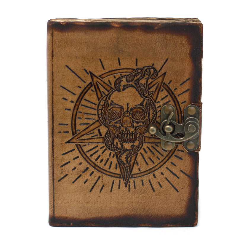 Leather Pentagon & Skull with Burns Detail Notebook (7x5"), close-up detail