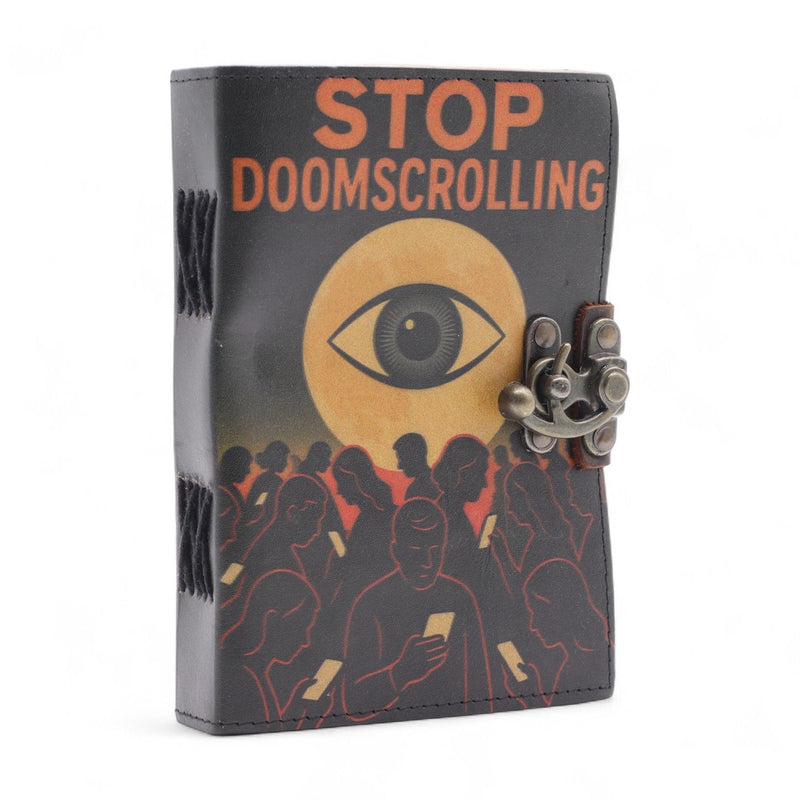 Leather Printed Notebook – Stop Doom Scrolling - 17.8x12.7 cm, size reference