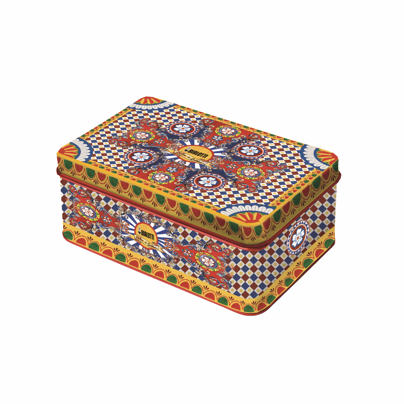 Bialetti X Dolce&Gabbana Sicilian Cart Gift Set (Moka 2 Cup, 2 Cups & Gold Stirrers), packaging shot