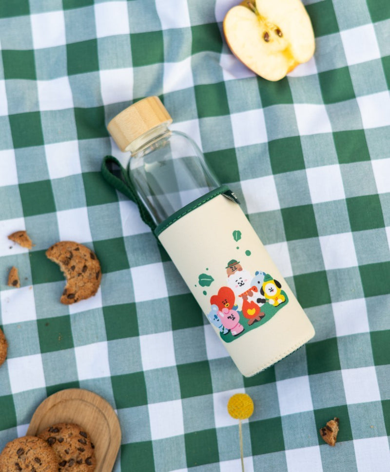 BT21 Glass Water Bottle 500ml with Neoprene Sleeve packaging view