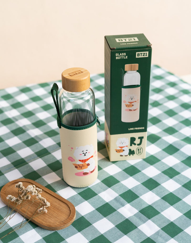 BT21 RJ Glass Water Bottle 500ml with Bamboo Lid side angle