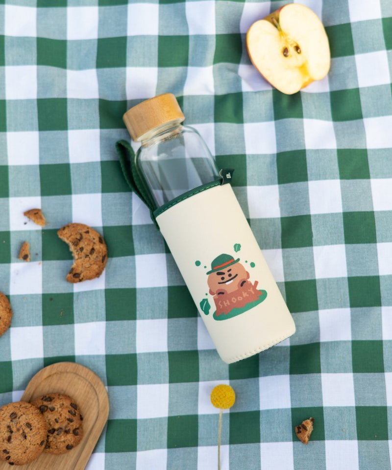 BT21 Shooky Glass Water Bottle 500ml with Bamboo Lid design detail