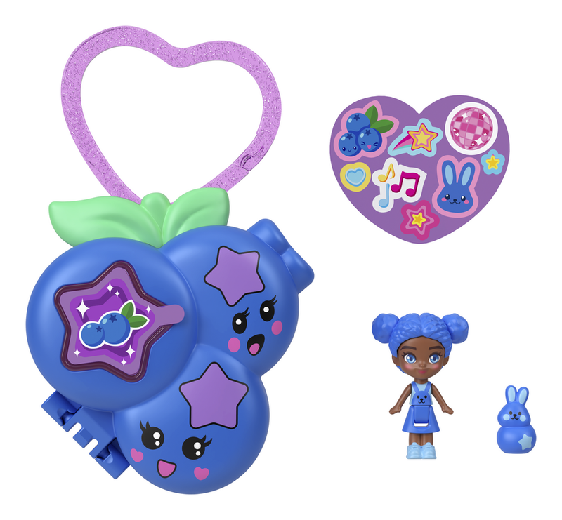 Polly Pocket Doll & Micro Compact, Keychain and Sticker Sheet - Image