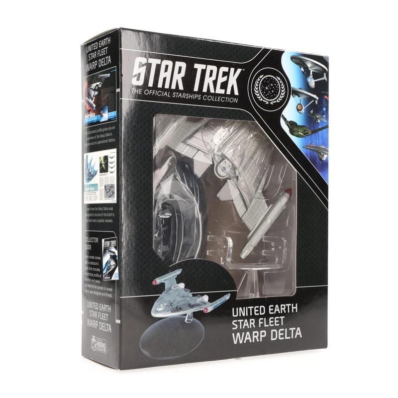 United Earth Starfleet Warp Delta Model Diecast Ship Window Box (Eaglemoss / Star Trek), size reference