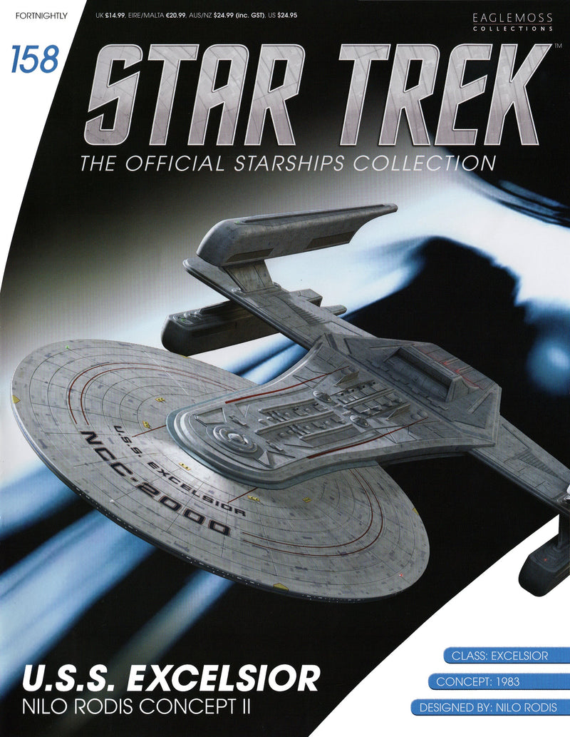 U.S.S. Excelsior (Prototype II) Issue #158 Nilo Rodis Concept Model Diecast Ship (Eaglemoss / Star Trek), in display
