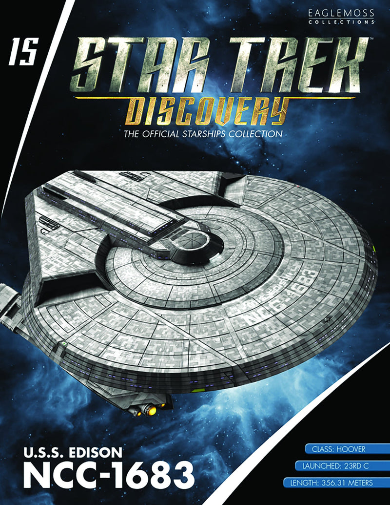 U.S.S. Edison NCC-1683 (Hoover-class) Discovery Ships Model Diecast Ship SSDUK015 (Eaglemoss / Star Trek), in display