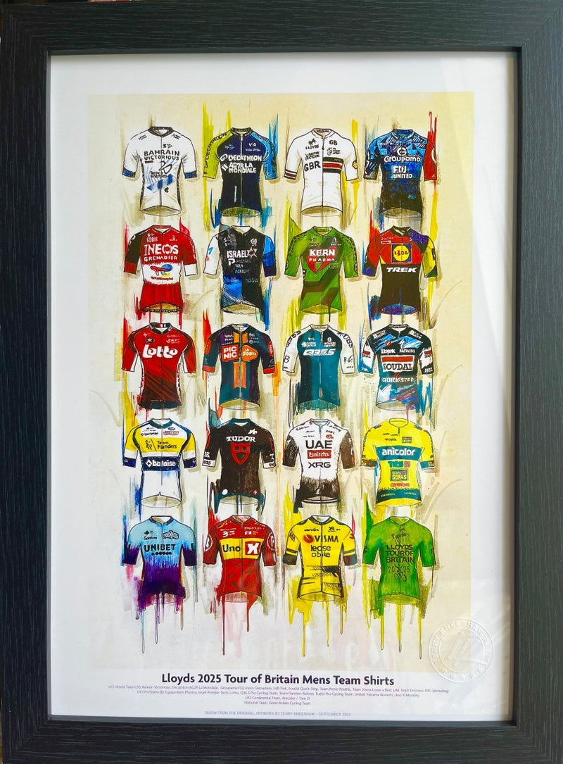 Lloyds Tour of Britain 2025 Cycling Shirts Framed A3 Print collectible from Terry Kneeshaw Art