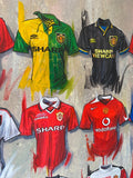 Manchester United FC A2 Signed Limited Edition Prints, in display