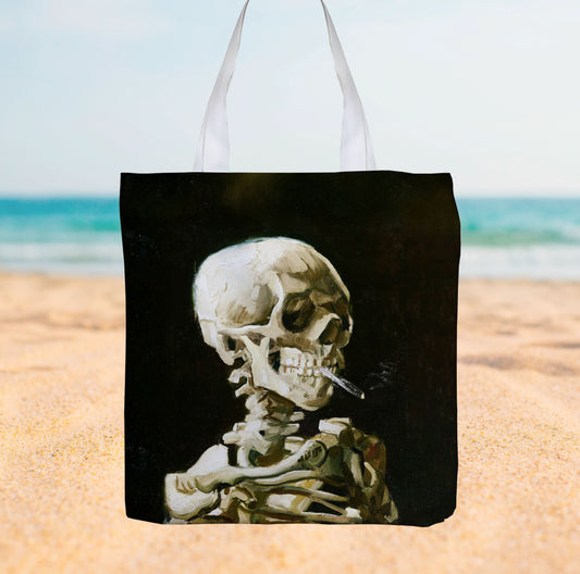 Van Gogh Skeleton Smoking Painting - Canvas Tote bag collectible from https://britishmade.gifts/