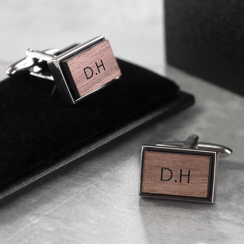 Personalised Monogram Engraved Rectangle Walnut Cufflinks