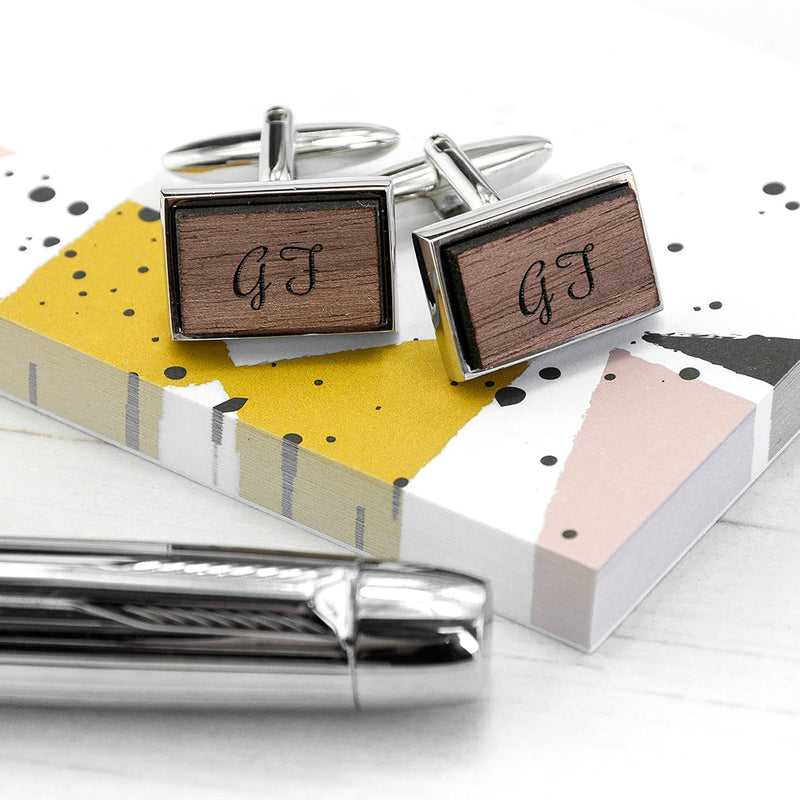 Personalised Monogram Engraved Rectangle Walnut Cufflinks