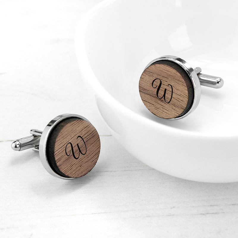 Personalised Monogram Engraved Round Walnut Cufflinks