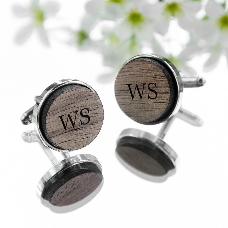 Personalised Monogram Engraved Round Walnut Cufflinks
