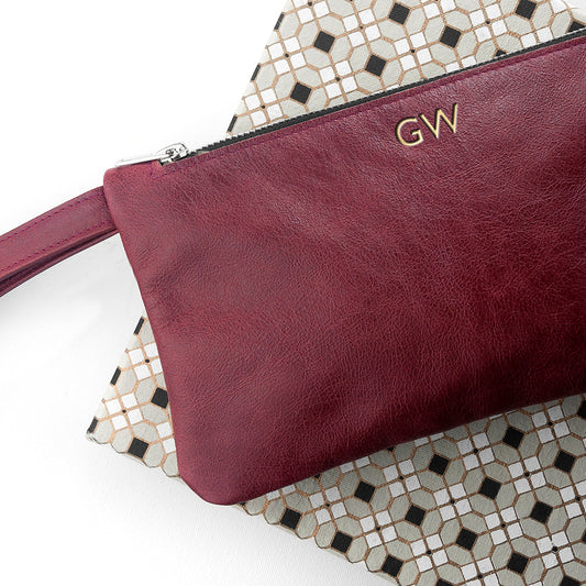 Personalised Monogrammed Burgundy Leather Clutch Bag
