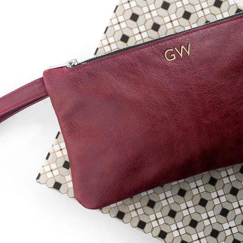 Personalised Monogrammed Burgundy Leather Clutch Bag