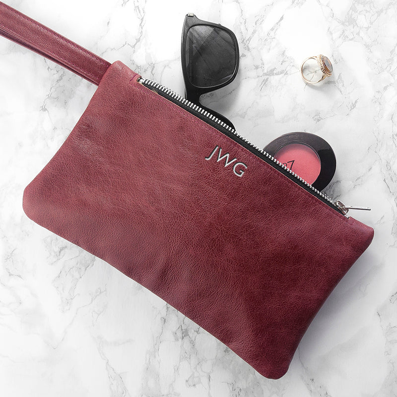 Personalised Monogrammed Burgundy Leather Clutch Bag
