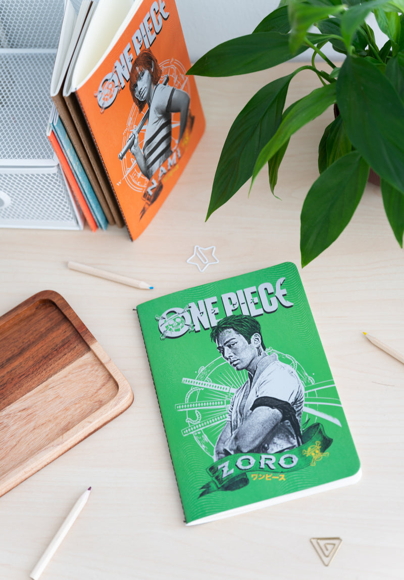 One Piece Netflix Luffy Zoro and Nami Pack of 3 A5 Notebooks close up detail