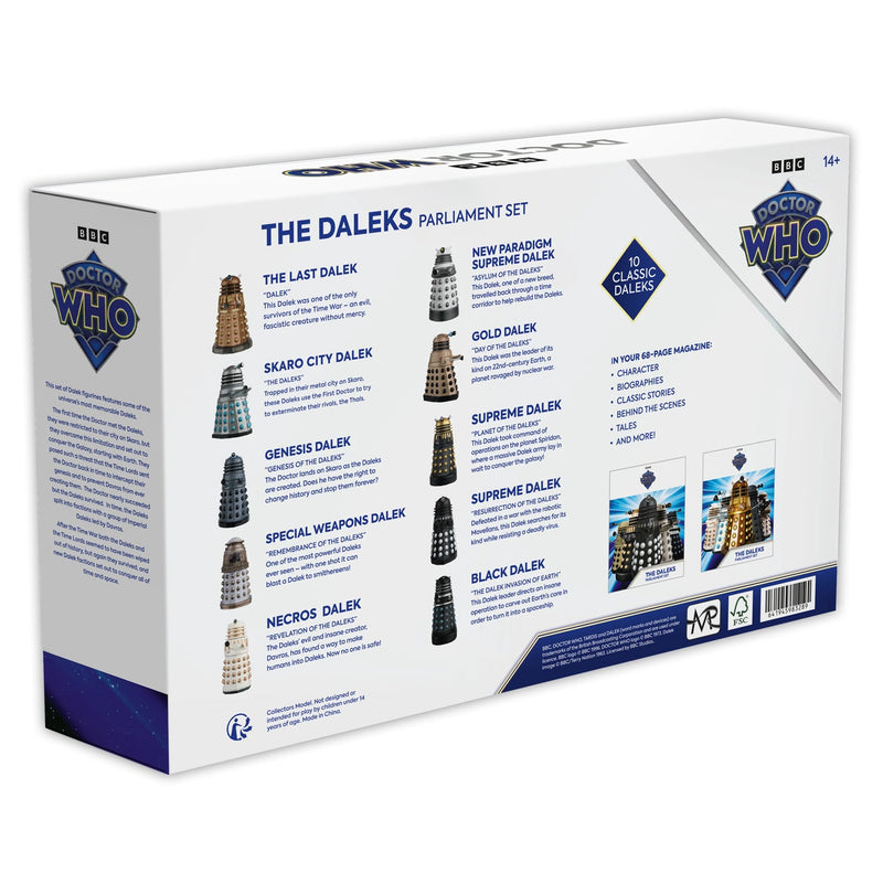 Doctor Who THE DALEKS PARLIAMENT SET - 10 Classic Dalek Figures Box Set + Magazine DWSUK002, side angle