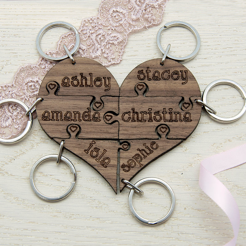 Personalised To Our Bridesmaid Heart Jigsaw Wooden Keyring