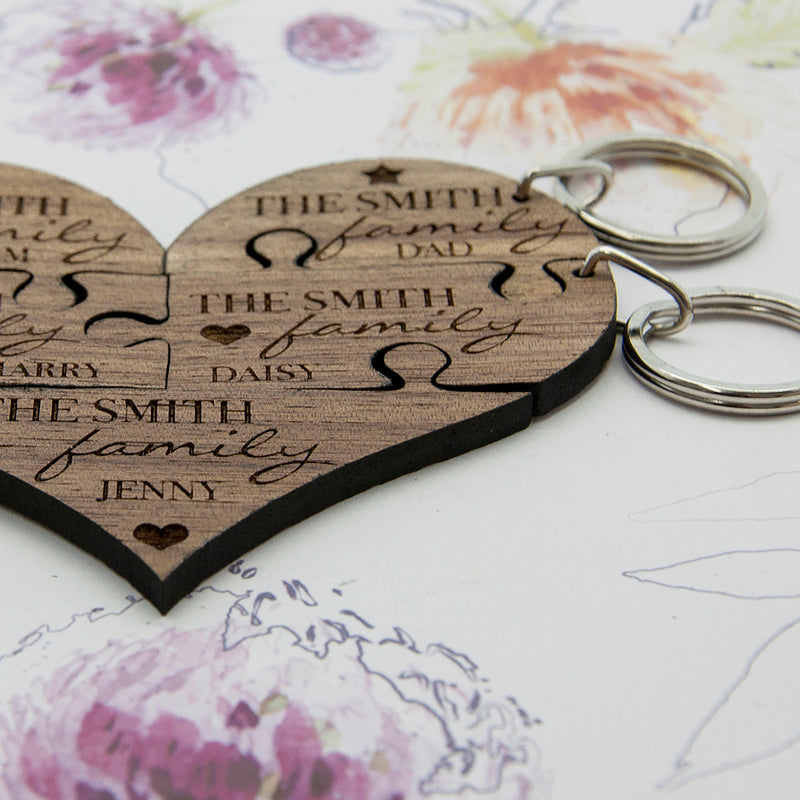 Personalised Our Family Heart Wooden Jigsaw Keyring