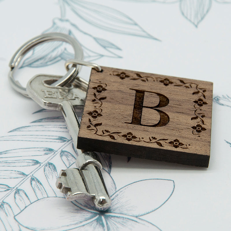 Personalised Floral Frame Initial Wooden Keyring