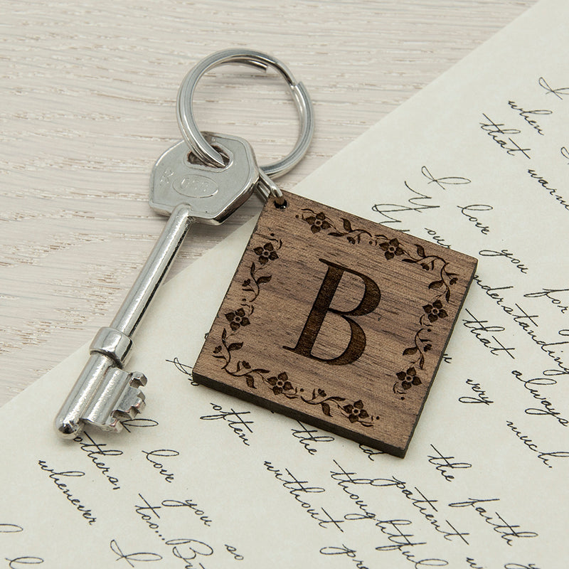 Personalised Floral Frame Initial Wooden Keyring