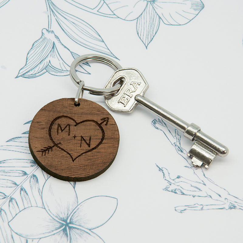 Personalised Carved Tree Round Wooden Keyring with Initials