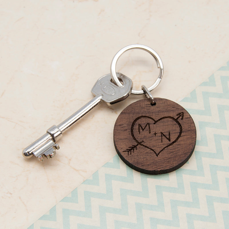 Personalised Carved Tree Round Wooden Keyring with Initials