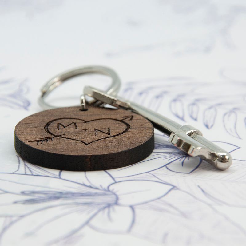 Personalised Carved Tree Round Wooden Keyring with Initials