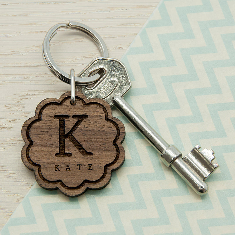 Personalised Flower Wooden Keyring with Initial and Name