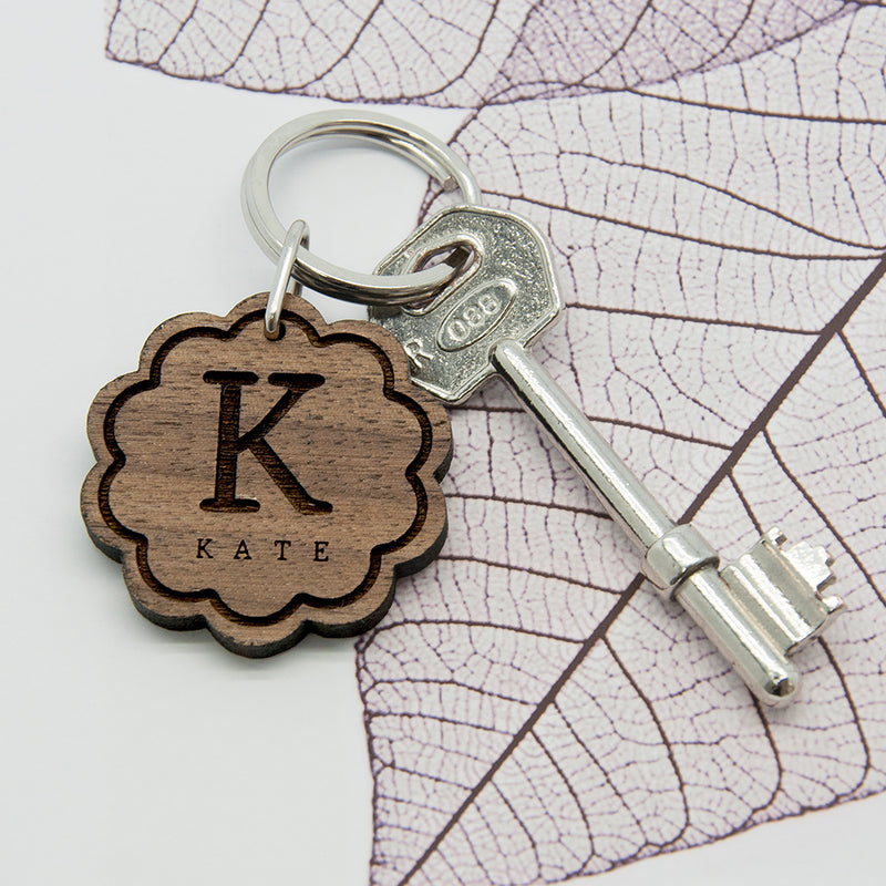 Personalised Flower Wooden Keyring with Initial and Name