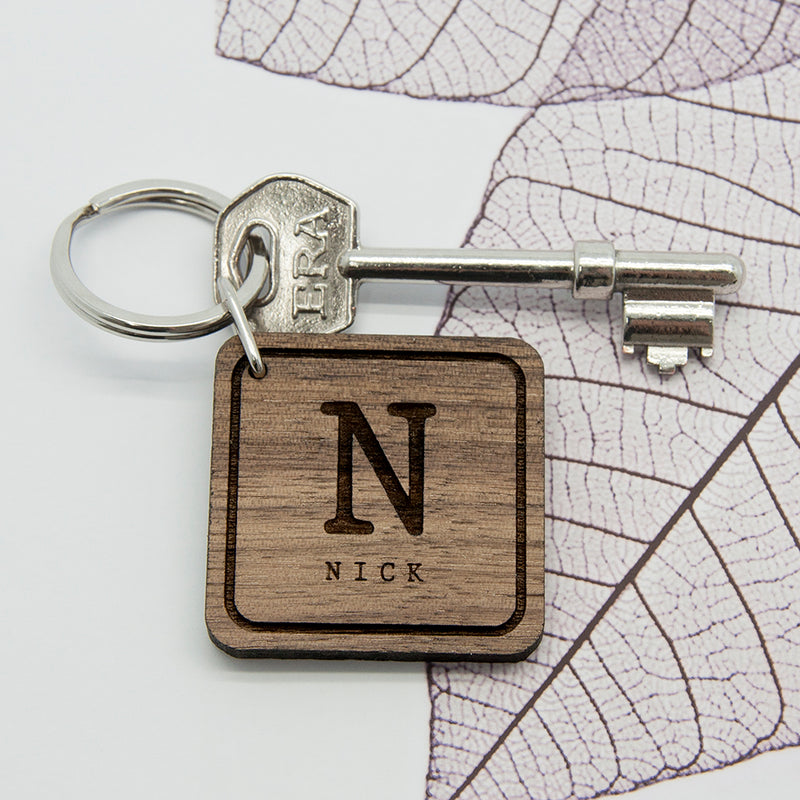Personalised Square Wooden Key Ring - Initial and Name