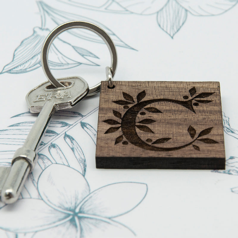 Personalised Square Wooden Key Ring - Initial decorated with leaves