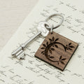 Personalised Square Wooden Key Ring - Initial decorated with leaves