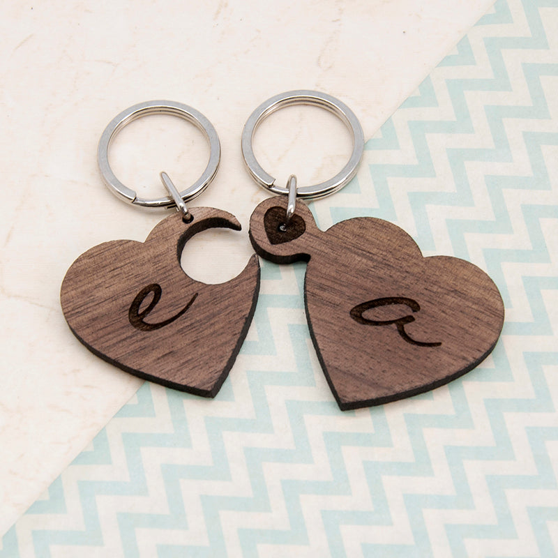 Personalised 2 Heart Jigsaw Wooden Key Ring - Couple Initials