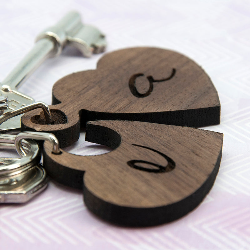 Personalised 2 Heart Jigsaw Wooden Key Ring - Couple Initials