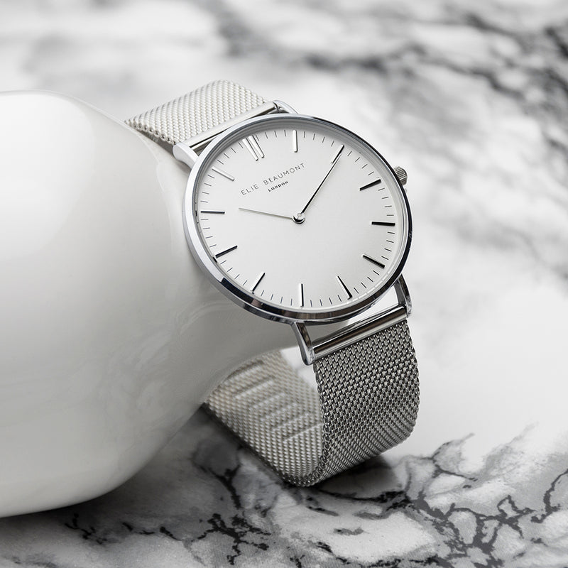Personalised Metallic Mesh Strapped Watch With White Dial