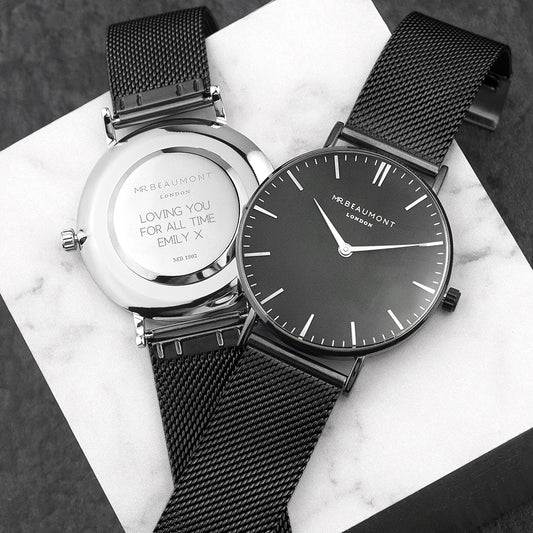 Personalised Men's Metallic Charcoal Grey Watch With Black Face