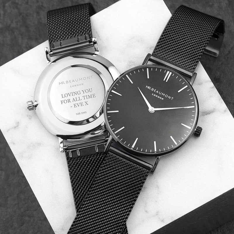 Personalised Men's Metallic Charcoal Grey Watch With Black Face