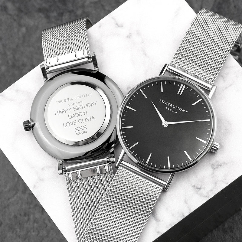 Personalised Men's Metallic Silver Watch With Black Face