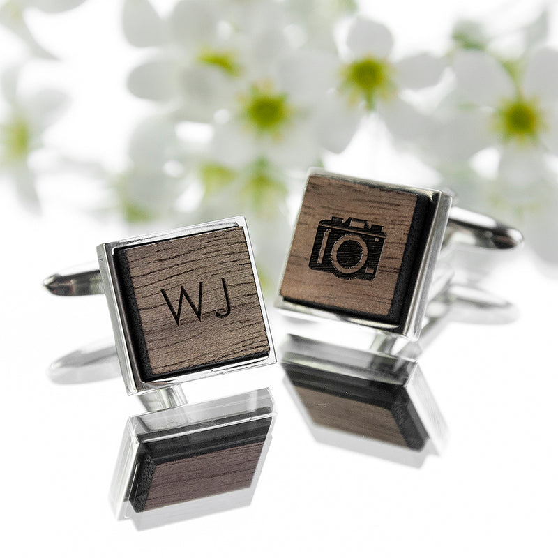Personalised Iconic Hobbies Engraved Square Walnut Cufflinks