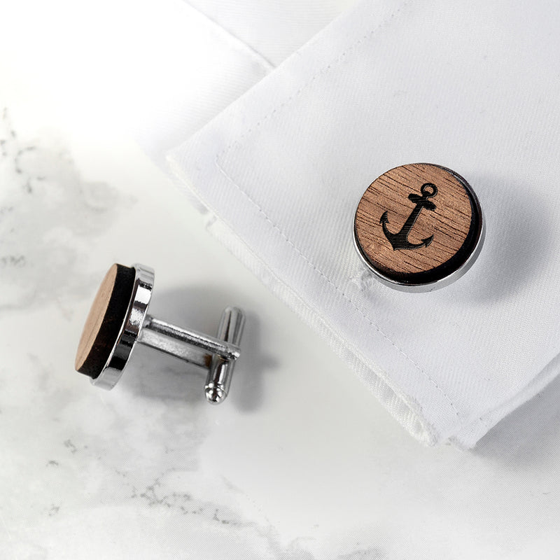 Personalised Iconic Hobbies Engraved Round Walnut Cufflinks