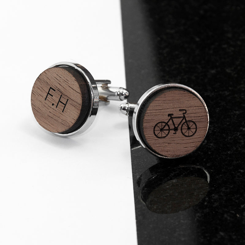 Personalised Iconic Hobbies Engraved Round Walnut Cufflinks
