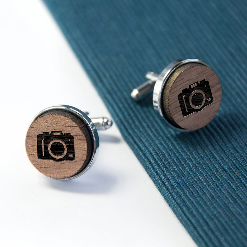 Personalised Iconic Hobbies Engraved Round Walnut Cufflinks