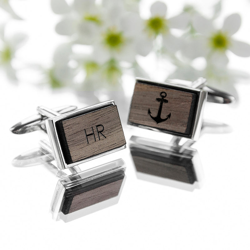 Personalised Iconic Hobbies Engraved Rectangle Walnut Cufflinks