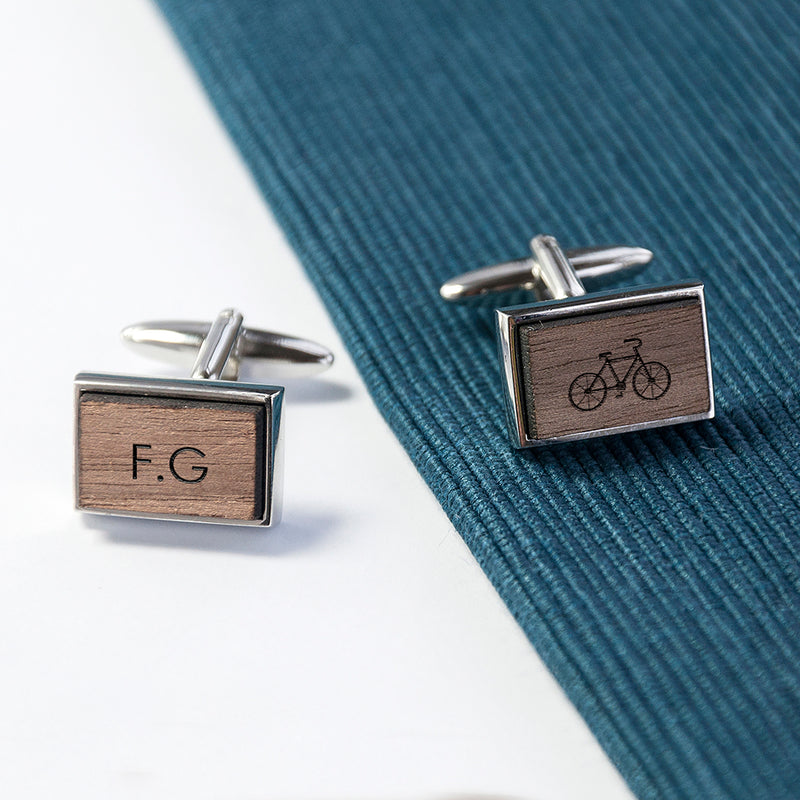 Personalised Iconic Hobbies Engraved Rectangle Walnut Cufflinks